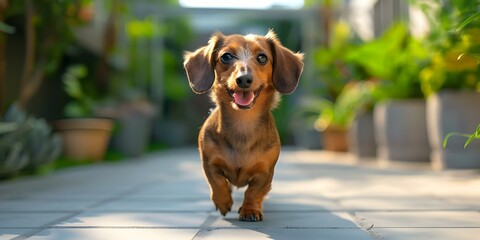 Medium shot of happy dachshund walking against petfriendly hotel background. Concept Pet-friendly Hotels, Dog Walking, Medium Shot, Dachshund, Happy Pet