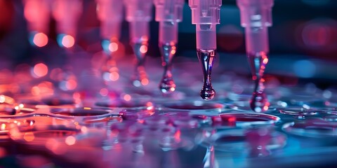 Pipetting DNA samples into multiwell plate for genetic analysis yields results. Concept Genetic Analysis, DNA Samples, Pipetting Techniques, Multiwell Plate, Laboratory Research