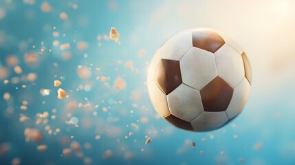 Naklejka premium A soccer ball floats in mid-air, surrounded by a burst of light and confetti.