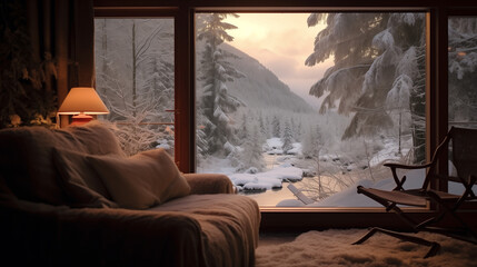 Cozy interior with a sofa, large panoramic windows. View from the window of a winter snowy forest with a river.