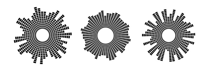 Black radial sound wave pattern set. Circular audio, music or voice icon collection. Round wavy equalizer spectrum symbol pack. Circle sunburst bundle. Vector soundwave element illustration