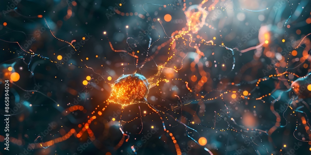 Poster neurons connected by glowing synapses symbolize the brains intricate neural activity. concept neuros