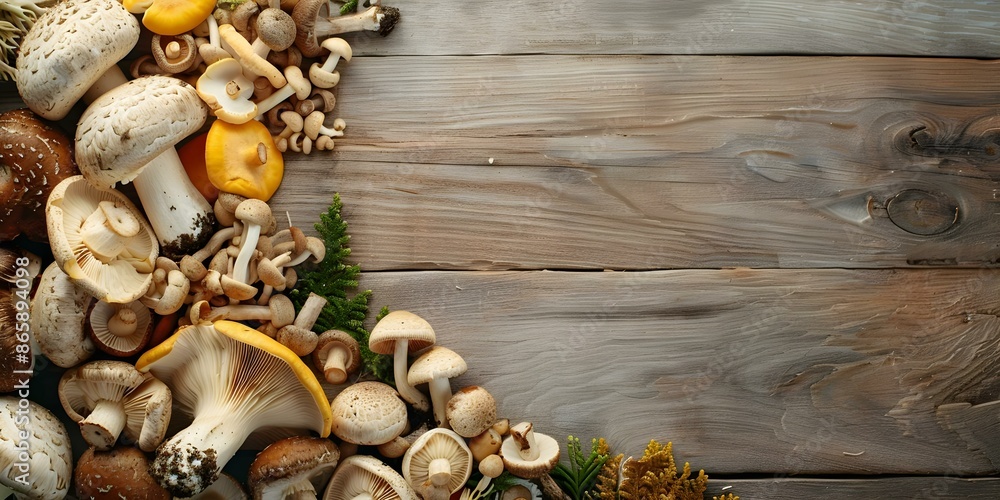 Poster assorted fresh mushrooms arranged on a wooden surface in different shapes and sizes. concept mushroo