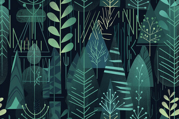 A green and brown forest with trees and leaves