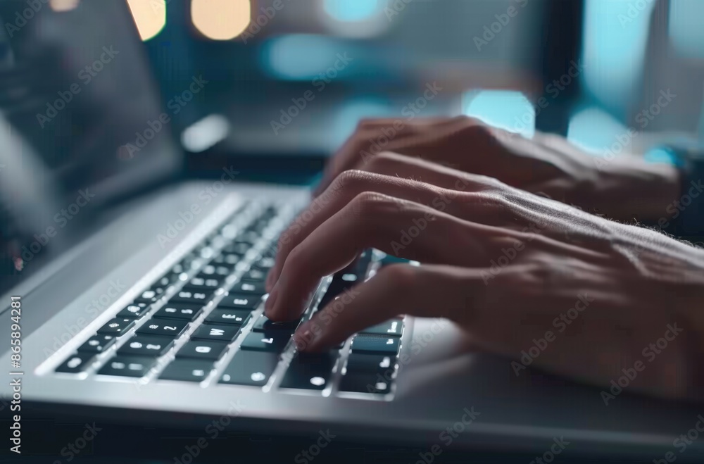 Poster closeup image of hands typing on a laptop keyboard with ambient lighting, illustrating computer work
