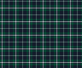 Plaid pattern, navy blue, green, white, seamless for textiles, and for designing clothing, skirts, pants or decorative fabric. Vector illustration.