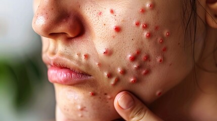 Highly detailed image of an allergic skin reaction with hives and irritation, focusing on the affected area and the discomfort experienced
