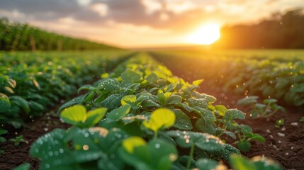 A close-up of a soybean field at sunset with dew drops on the leaves, bathed in warm golden light.