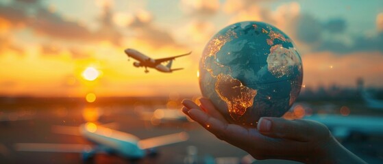 hand holding globe with airplanes flying around it - transportation and aviation concept.