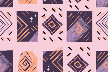 Fototapeta premium Playful geometric pattern with pink, purple, and orange elements on a light background. This seamless tile features various shapes and lines, creating a whimsical, modern design.
