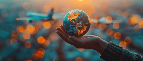 hand holding globe with airplanes flying around it - transportation and aviation concept.