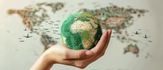 hand holding globe with airplanes flying around it - transportation and aviation concept.