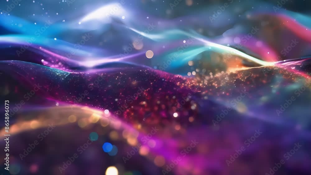 Poster a dazzling holographic spectrum on a black base creating a sense of depth.