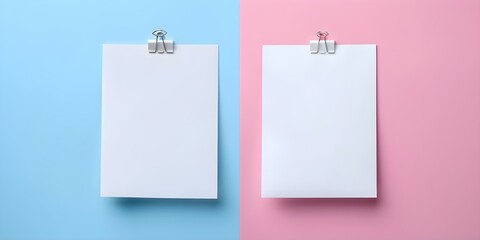 Mockup of blank note sheets on pastel blue and pink background. Concept Mockup, Blank Note Sheets, Pastel Blue, Pastel Pink, Background