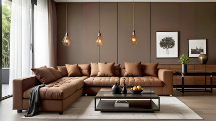 Modern Clean Living Room with Brown Sofa, Table, and Decoration, wooden textured stylish design