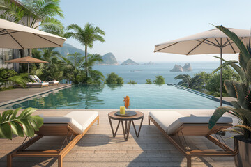 A pool with two lounge chairs and a table with a glass of orange juice on it