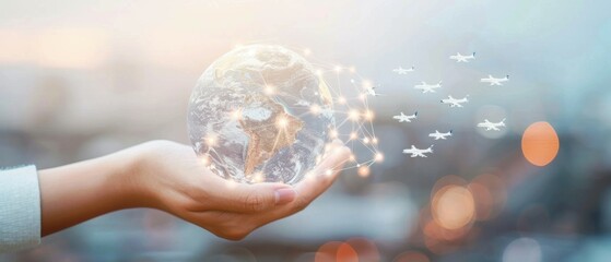 hand holding globe with airplanes flying around it - transportation and aviation concept.