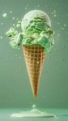Levitating pistachio ice cream cone. concept dessert advertising.