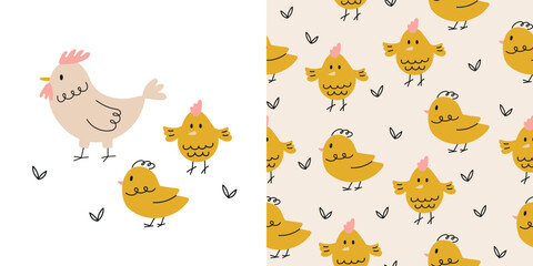 Obraz premium Seamless pattern with cute yellow little chicks