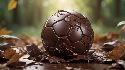 World chocolate day, chocolate soccer ball in a forest with cocoa beans and leaves, blurred background for banners, posters, cards, advertisement ads