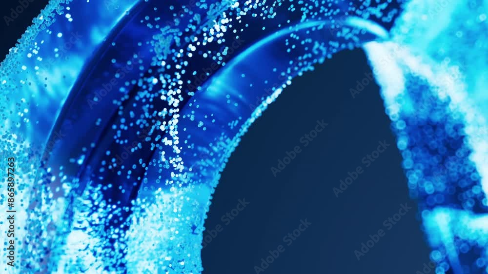 Poster glass geometry and flowing particles, 3d rendering.