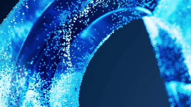Glass geometry and flowing particles, 3d rendering.