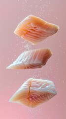 Levitating pollock fillet cut pieces separated pastel background wallpaper