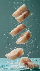 Levitating pollock fillet cut pieces separated pastel background wallpaper