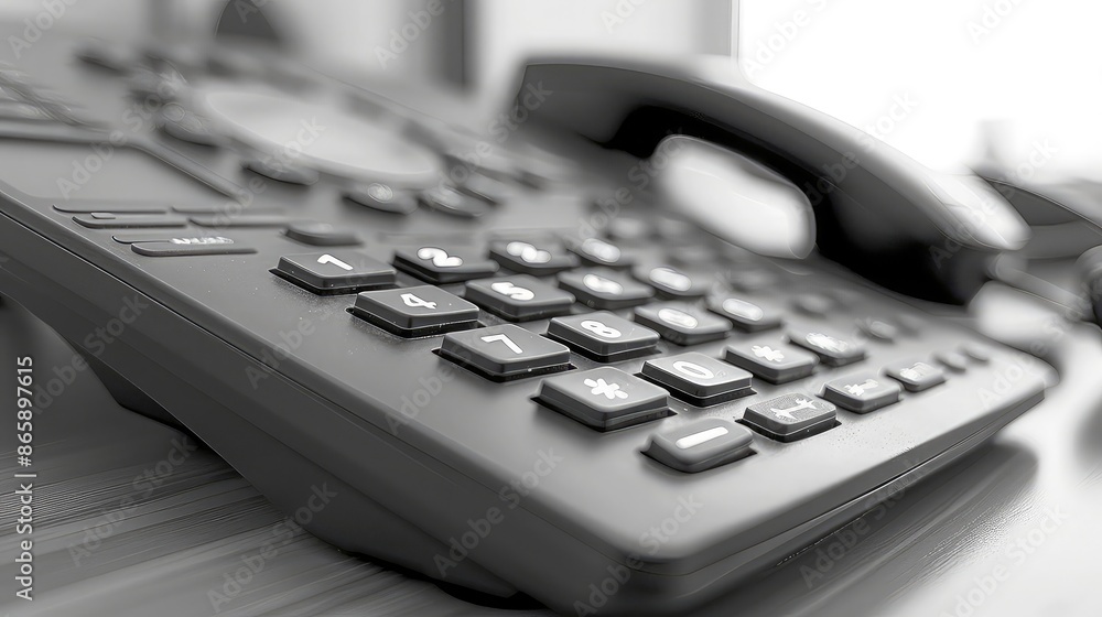 Aufkleber close-up of an office phone with multiple lines and buttons, set on a white background