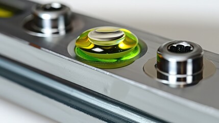 Close-up of a spirit level, with the bubble clearly visible in the center, on a white background