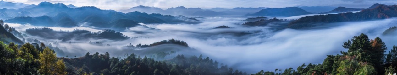 Fototapeta premium Sea of ​​clouds in the mountains: In the mountains in autumn, the sea of ​​clouds is rolling, as if you are in a fairyland, nature, beautiful scenery, generated by AI, high-definition wallpapers, back