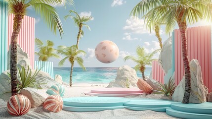 Obraz premium Podium Summer and Travel Time 3D Render Illustration