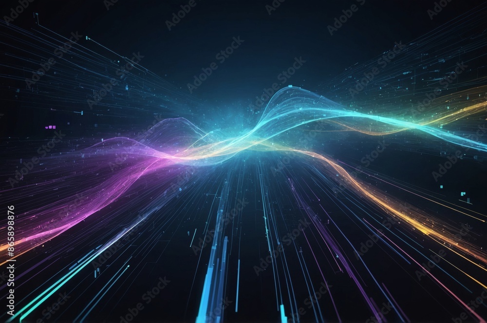 Wall mural Digital artwork featuring abstract composition of flowing glowing lines in shades of blue purple and yellow on dark background