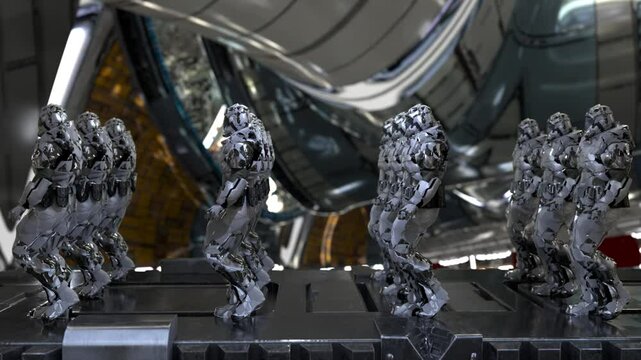 space soldiers, a squad of stormtrooper guards marching through the space station, cyborgs sci-fi style, 3D rendering