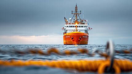 Offshore supply vessel approaching rig. Offshore supply vessel approaching an oil rig in the ocean, with the vessel's bow facing forward and blurred background.