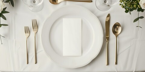 Luxurious fine dining table setting with elegant menu invitation card mockup. Concept Luxury Dining Experience, Elegant Table Setting, Menu Mockup, Fine Dining Ambiance