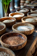 Fototapeta premium A Rustic Display of Various Grains in Wooden Bowls at a Market Stall