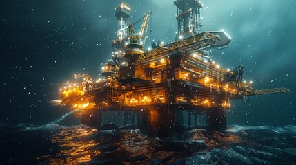 Offshore oil rig in stormy weather. Offshore oil rig enduring stormy weather at night, with lights shining through heavy rain and turbulent ocean waves.