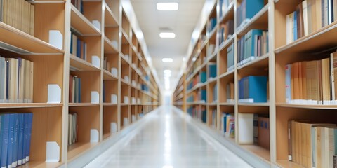 Fototapeta premium Blurred interior of a public library with empty bookshelves in background. Concept Library, Interior, Blurred, Empty Bookshelves, Mood