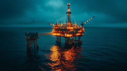 Offshore oil platform at night. Offshore oil platform brightly lit at night, reflecting on calm ocean waters, showcasing the rig's structure and lights.