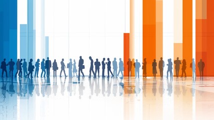 Silhouettes of people walking with abstract colored bar graphs in the background, symbolizing data analysis and business trends.