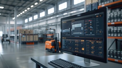 Naklejka premium High-Tech Warehouse with Logistic Analytics. Modern warehouse environment with a computer display showing logistic analytics, enhancing inventory and shipment management efficiency.