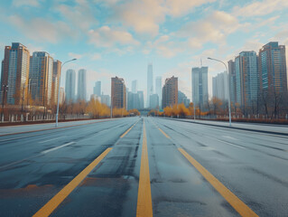 Empty avenue with city skyline