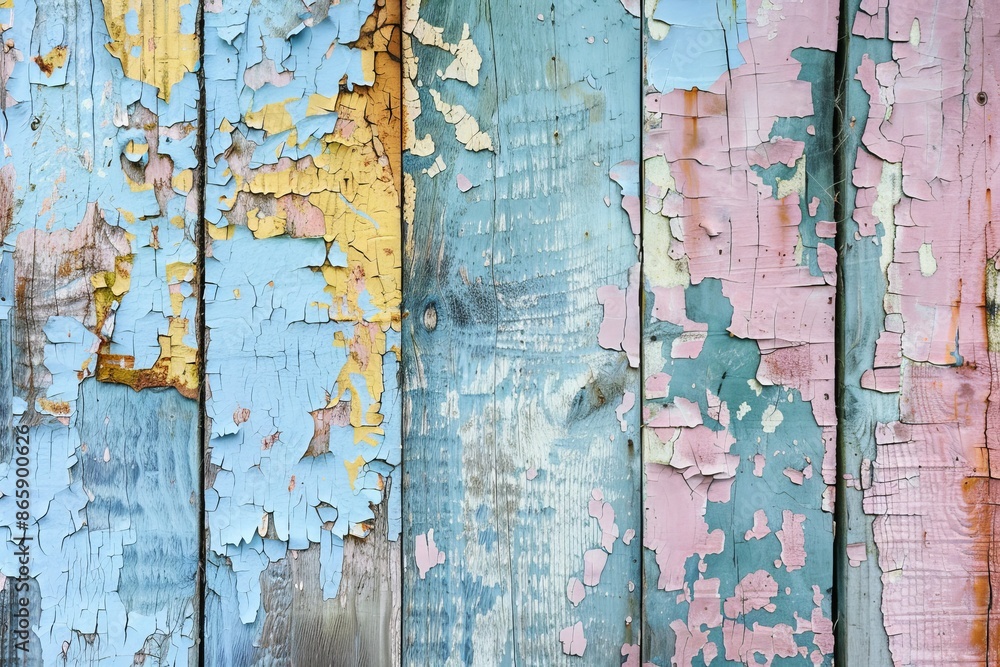 Poster an image of peeling paint on an old wooden surface, revealing layers of color and texture that add a