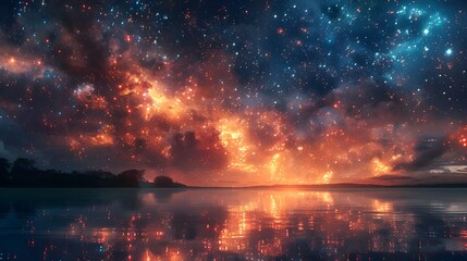 Fototapeta premium Great fireworks, vivid colors, night sky, reflection in the water