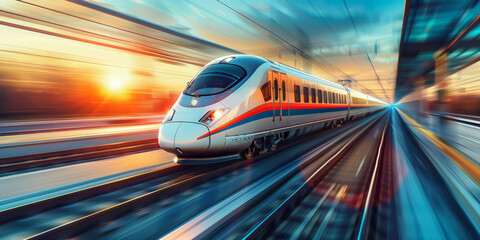 Obraz premium High-speed Train in Motion at Sunset Capturing Speed and Energy
