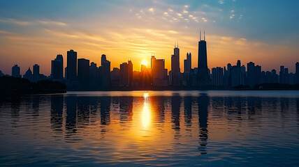 Obraz premium Cityscape silhouette reflects sunset on modern skyscrapers, AI Generative.