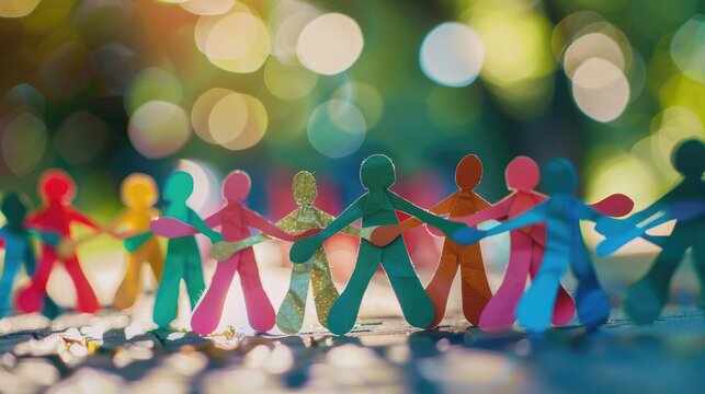 Colorful paper people holding hands in front of blurred background. AIG535