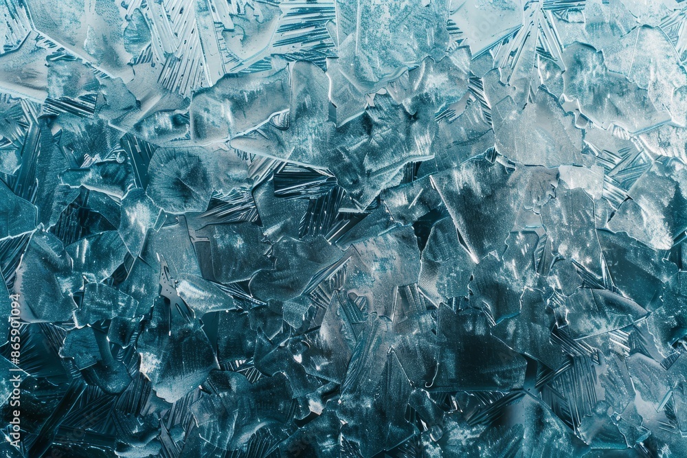 Poster a high-definition image of frosted glass, with delicate ice crystals creating an intricate and mesme