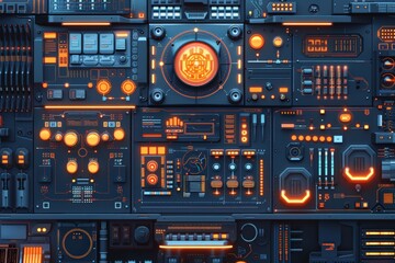 Futuristic control panel with various dials, buttons, and gauges, glowing in blue and orange neon lights, showcasing advanced technology interface.